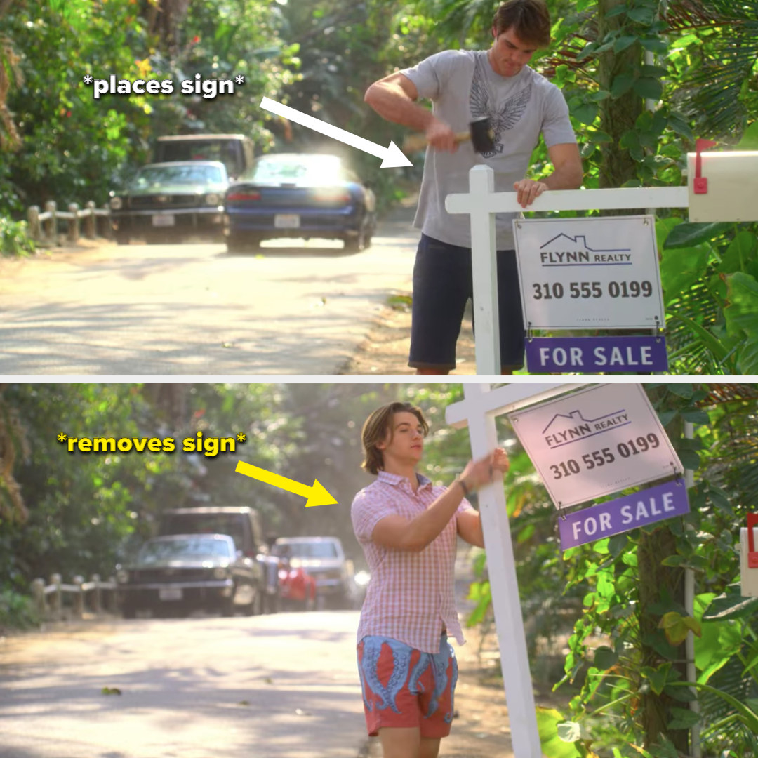 Noah hammering in a &quot;for sale&quot; sign, and Lee removing it