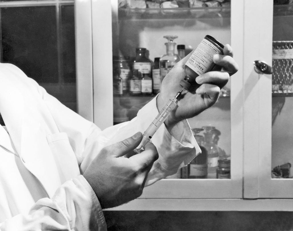 A doctor fills a needle with rabies vaccine