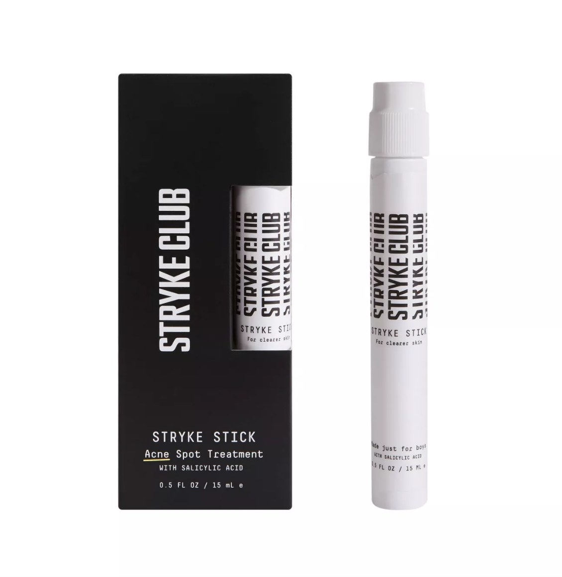 Tube of Stryke Stick next to package against white background