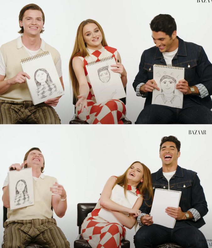 Joel, Joey, and Taylor holding their drawings, and everyone laughing at Joel&#x27;s drawing of Joey