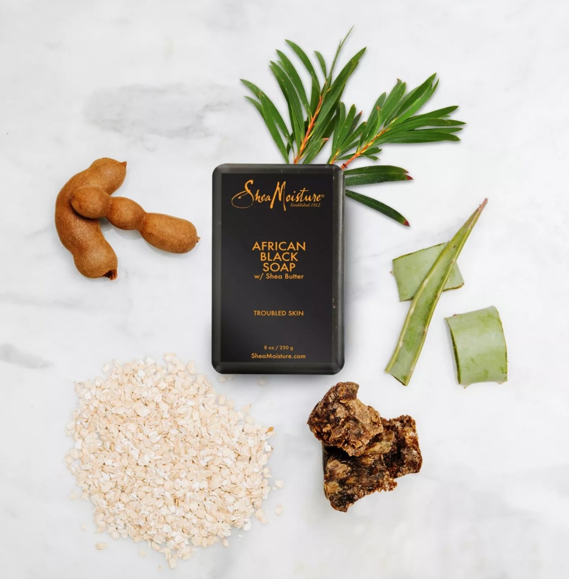 African black soap next to its plant ingredients like aloe and plantain peel