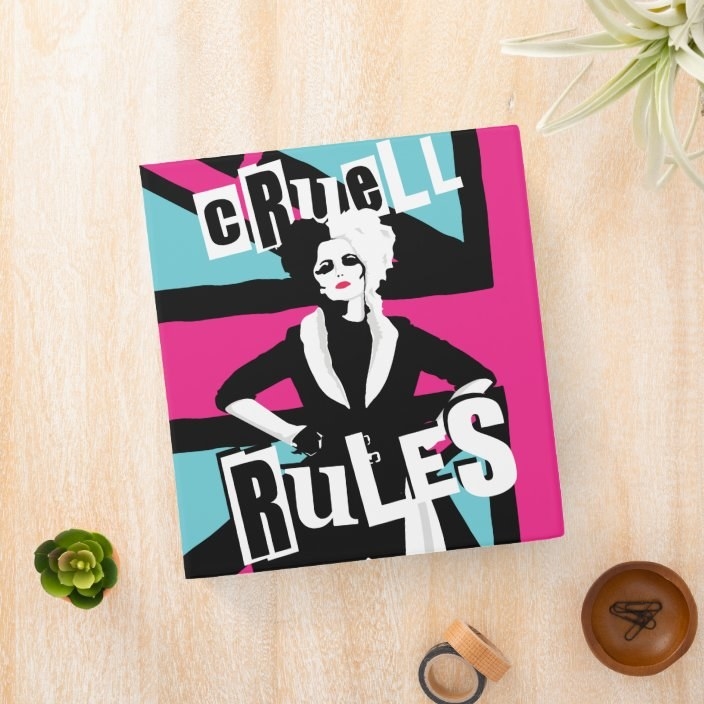 The pink, black, white, and blue binder with Cruella DeVil on it