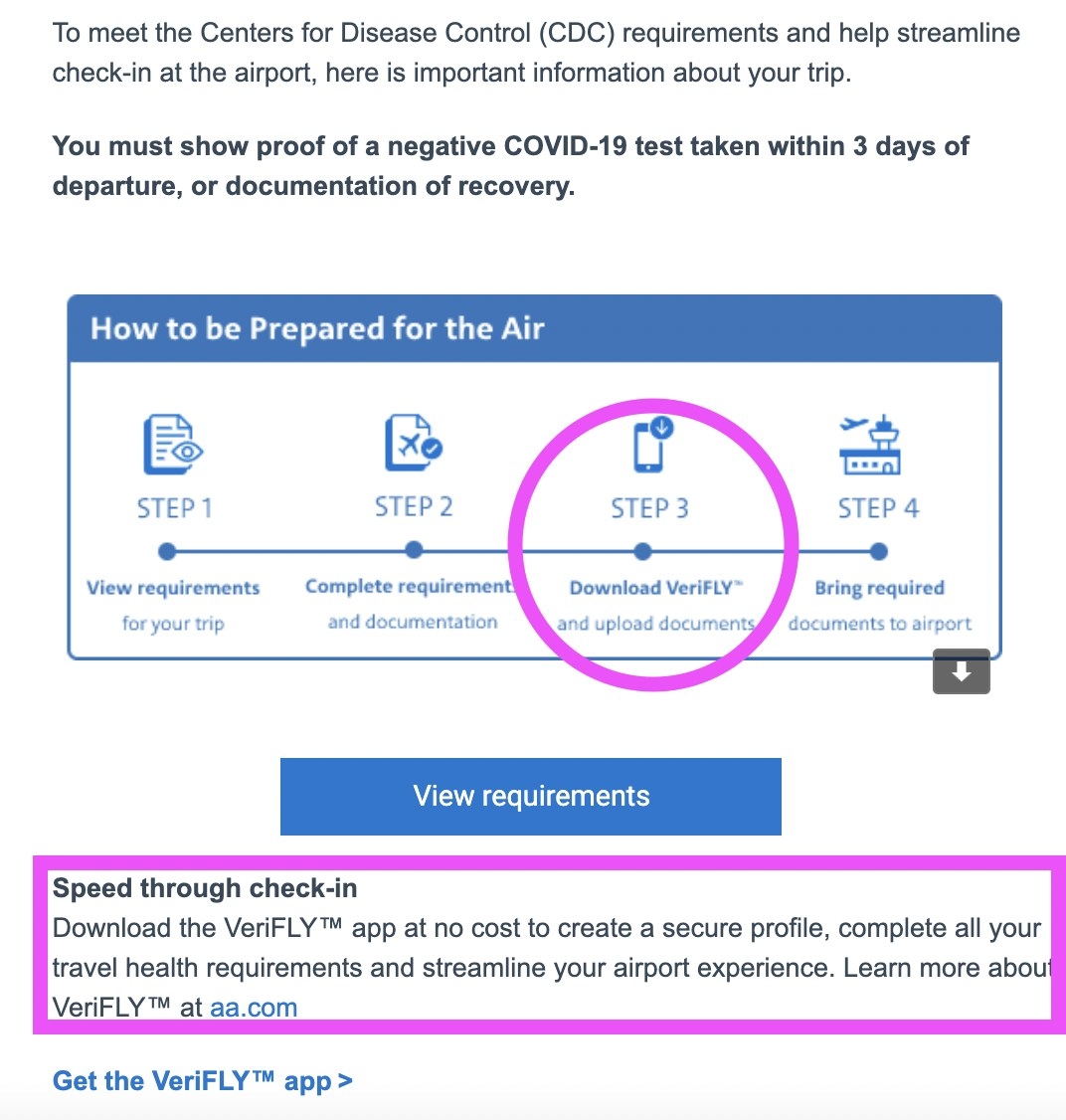 Screenshot of an American Airlines check-in email