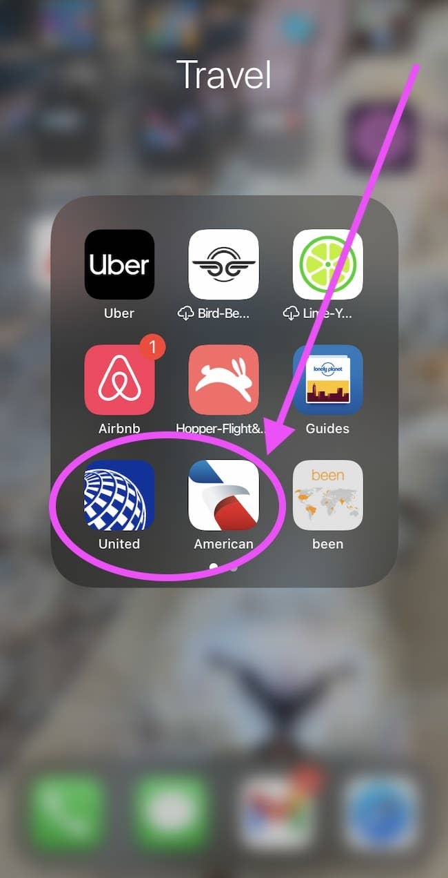 An iPhone screen with two airline apps circled.