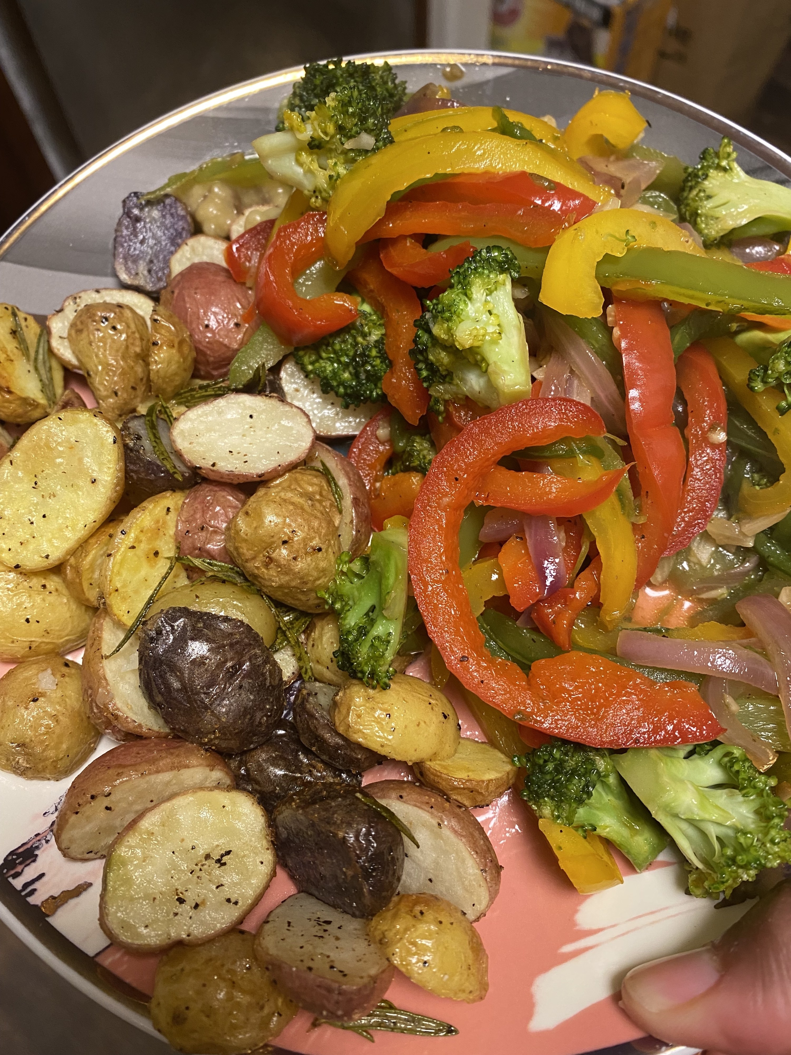 Stir-fried veggies and crispy potatoes