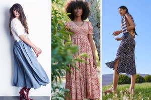 to the left: a model in a long blue skirt, middle: model in a long floral dress, to the right: a model in a midi skirt