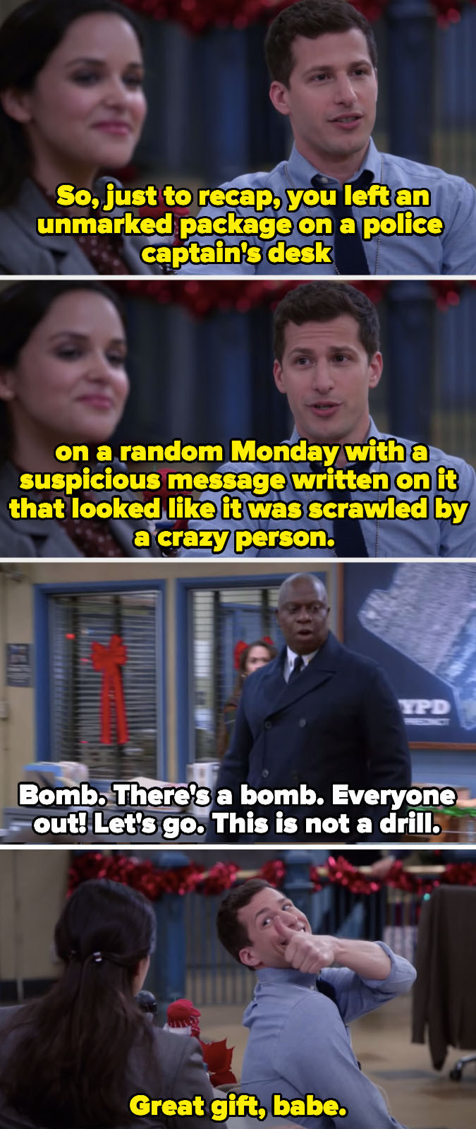 Jake recapping that Amy left an unmarked box on Holt&#x27;s desk and Holt coming out of his office warning everyone there is a bomb on his desk