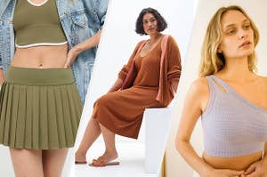 model in a green pleated skirt; model in a two-piece dress and cardigan set; model in an asymmetrical tank top