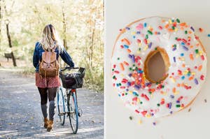On the left, someone walking alongside their bike on a trail in the park, and on the right, a vanilla frosted donut with sprinkles