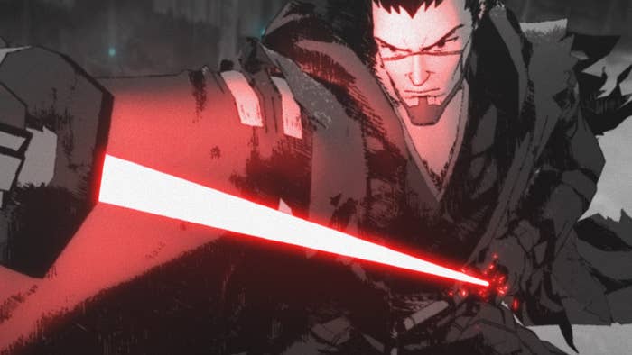 Samurai-like anime character draws lightsaber from sheath