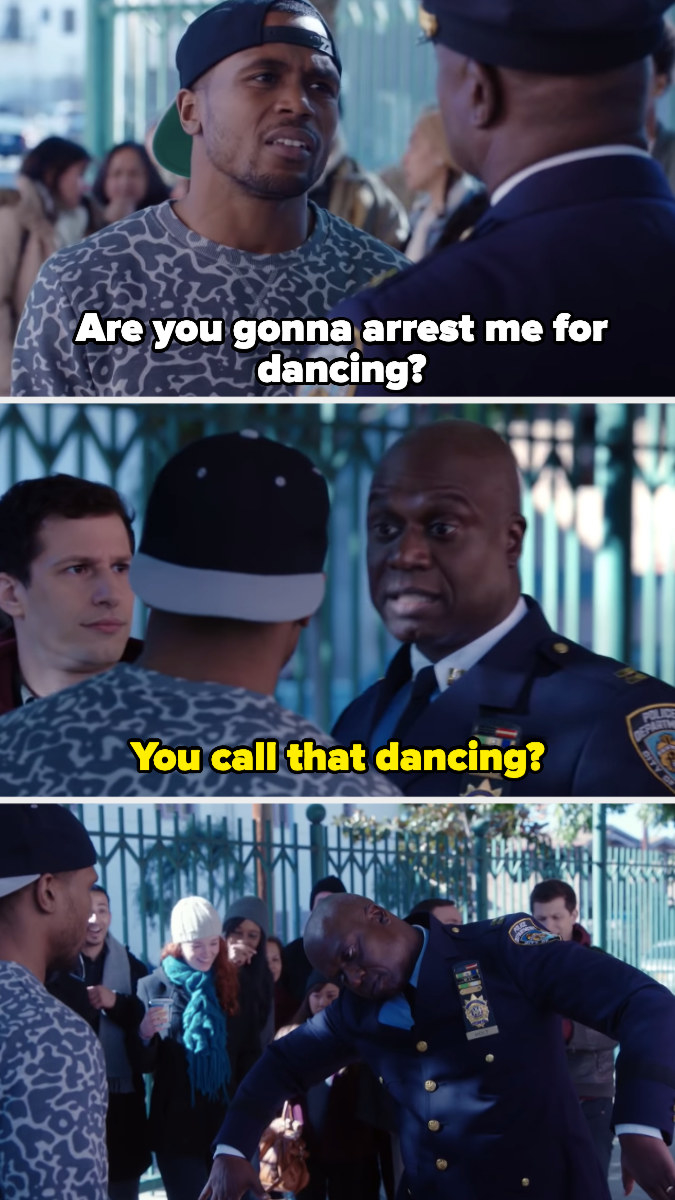Captain Holt challenging a civilian to a dance-off