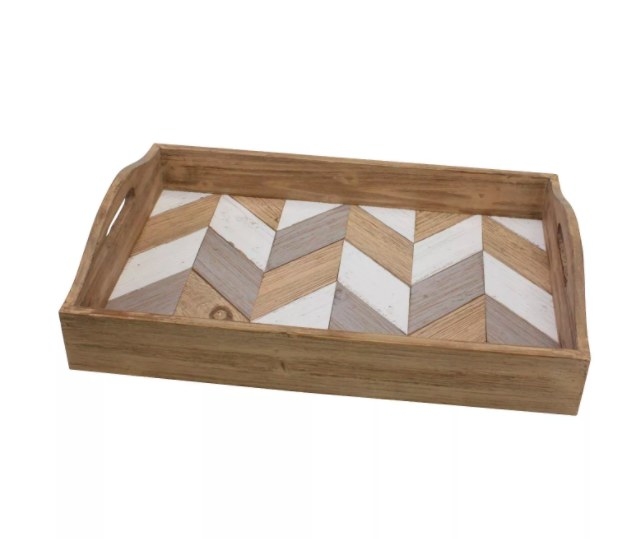 White, grey, and brown wooden tray