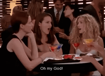 Cynthia Nixon, Kristin Davis, and Sarah Jessica Parker say &#x27;Oh my God&#x27; in unison in a scene from the original Sex And The City TV show