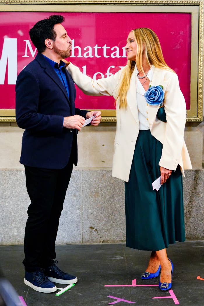 Mario Cantone and Sarah Jessica Parker are pictured filming And Just Like That... in New York City in July of 2021