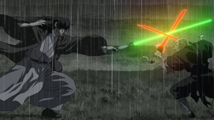 Two anime characters have lightsaber duel