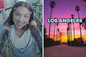 On the left, Olivia Rodrigo in the "Good 4 U" music video, and on the right, palm trees lining a road at sunset labeled "Los Angeles"