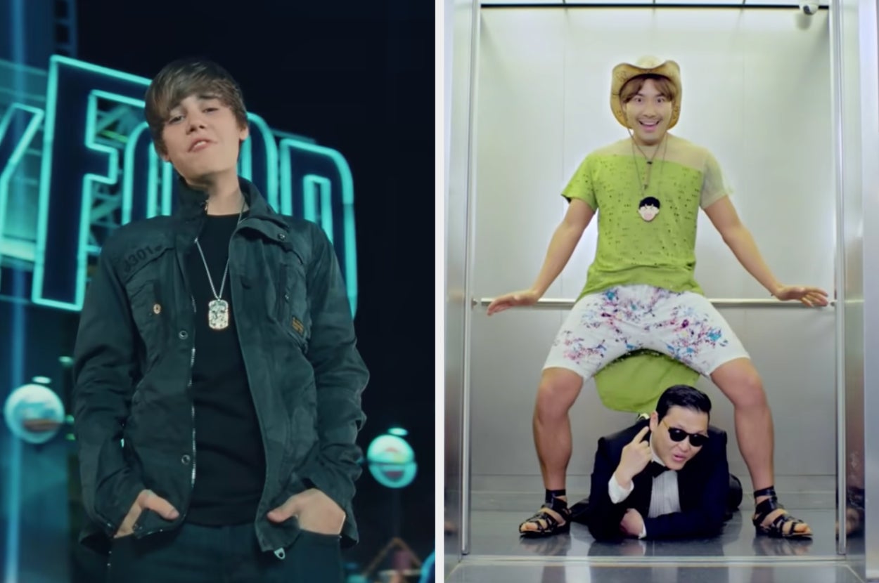 just bieber's baby music video on the left and gangam style on the right