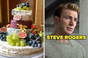 On the left, wheels of cheese stacked on top of each so it looks like a tiered wedding cake with fruit all around it, and on the right, Steve Rogers in "Captain America: Civil War"