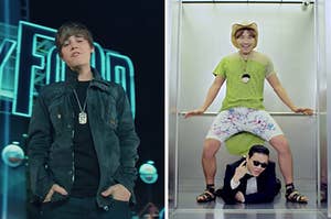 Just Bieber的婴儿音乐视频在左侧，右侧的Gangam风格