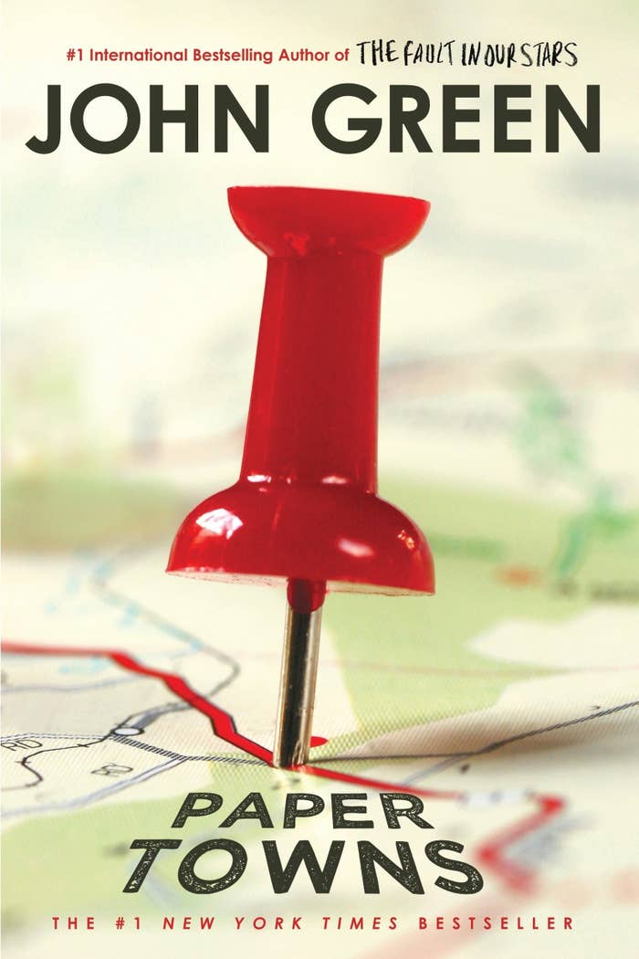 Book cover of Paper Towns by John Green; Photo of a road map with a red pin in the center