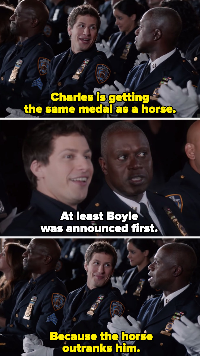 Jake gleefully telling Captain Holt that Boyle is getting upstaged by a horse