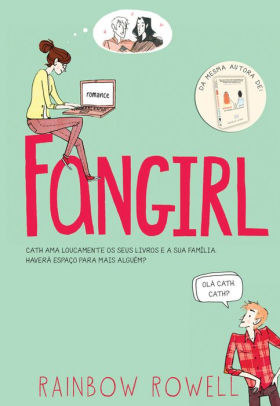 Mint green book cover with FANGIRL in red and illustrations of main characters