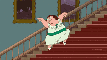 A gif of Peter griffin from family guy dressed as a debutante and running down the stairs