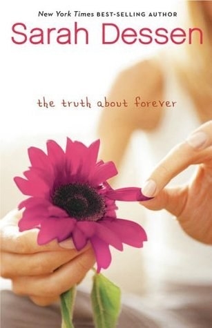 Book cover for The Truth About Forever; cover shows a girl holding a pink flower