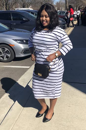 Reviewer in the white and black stripe midi dress