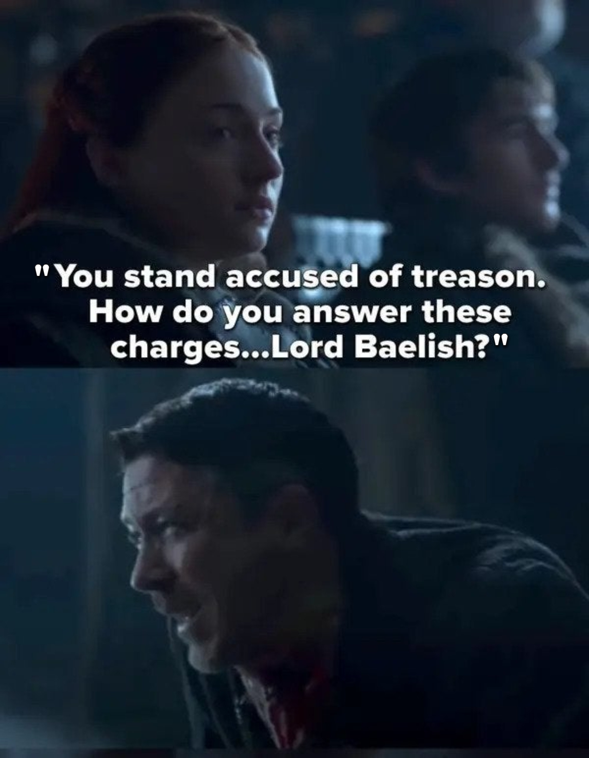 珊莎说:“你被指控叛国罪;你如何回答这些指控……主Baelish吗?“然后Arya缝他的喉咙