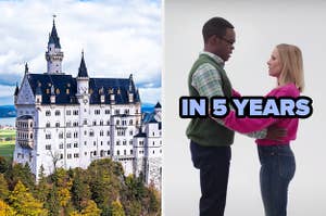 On the left, a castle on a hill, and on the right, Eleanor and Chidi from "The Good Place" holding each other labeled "in 5 years"