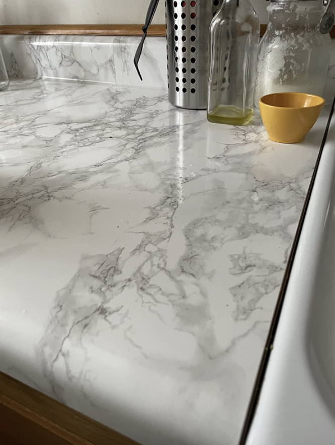 close up of a kitchen counter with the contact paper applied