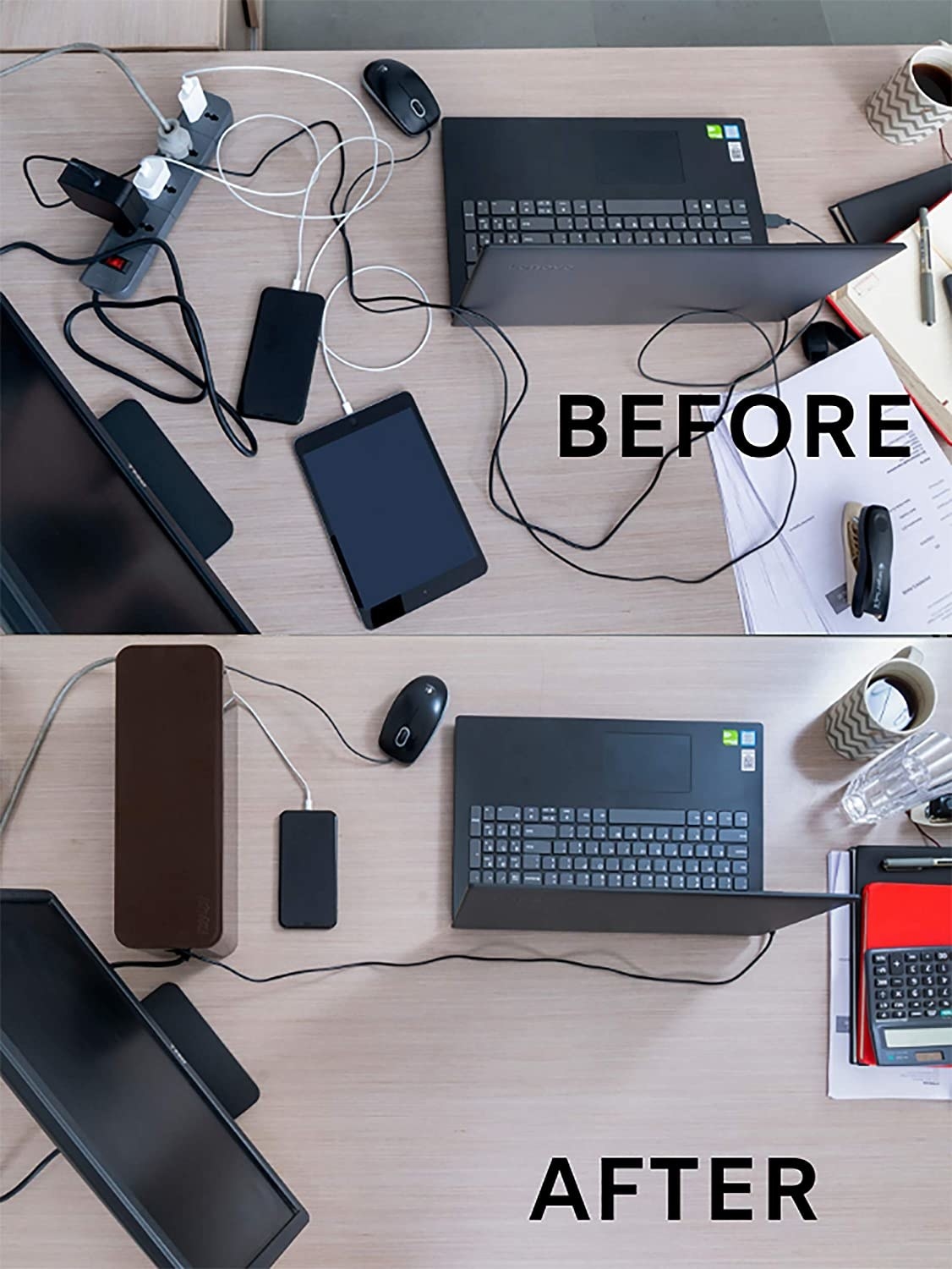 A before-and-after image of a work desk. The before image shows us a messy desk with cables all over the place. The after image shows us a tidy desk with cables neatly arranged using the wire bin.