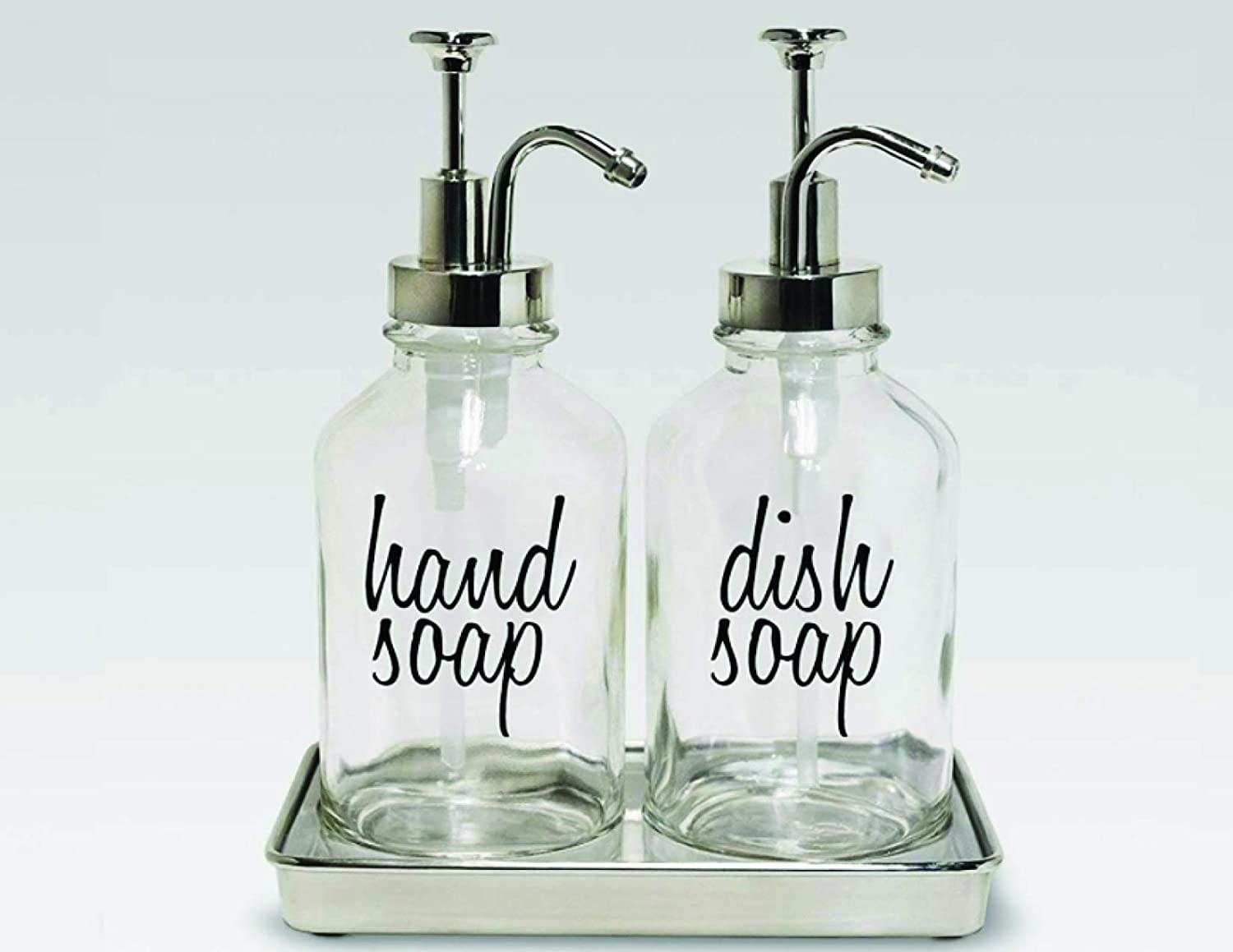 two soap pumps with &quot;hand soap&quot; and &quot;dish soap&quot; decals on them