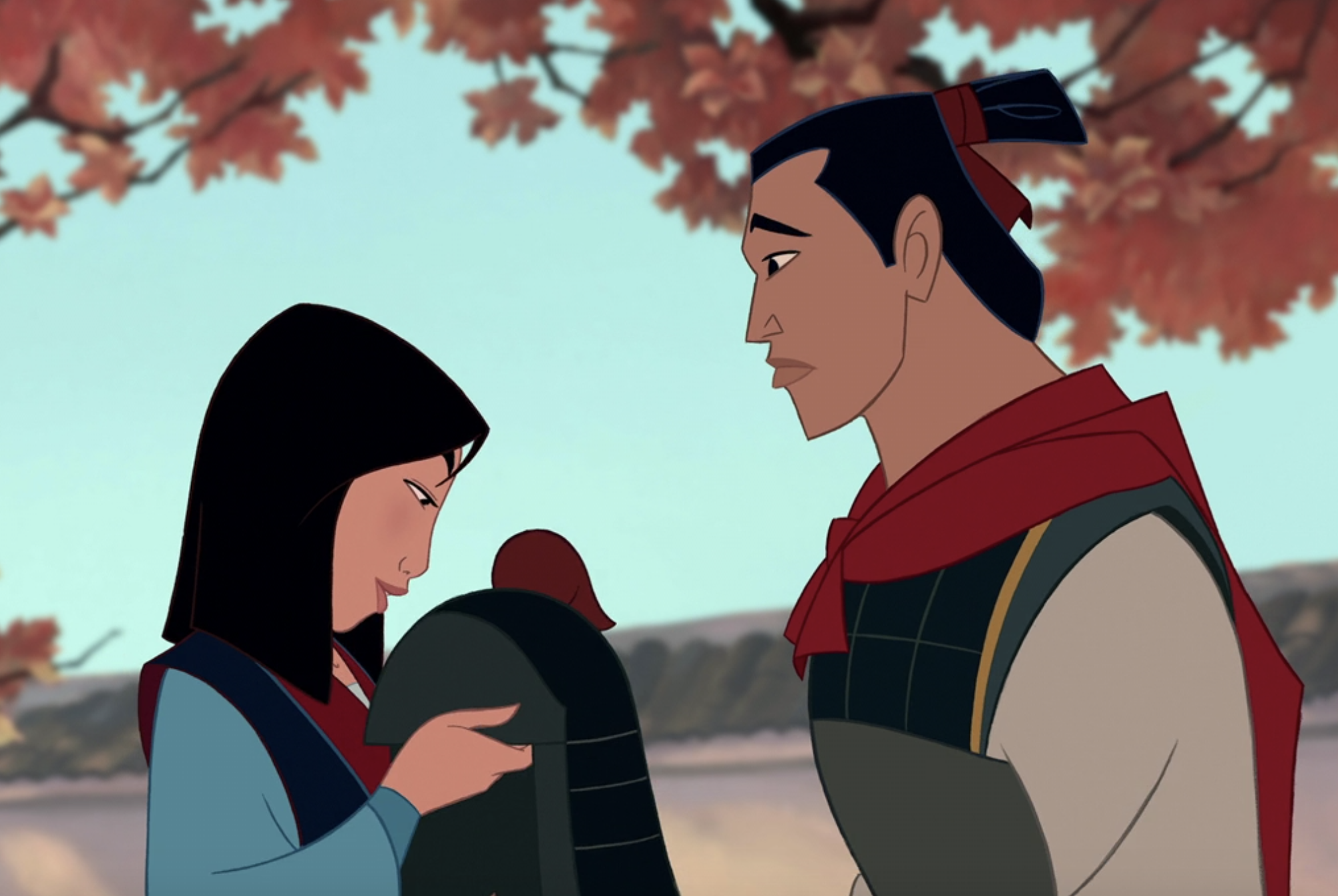 Li Shang handing a helmet to Mulan at the end of the movie