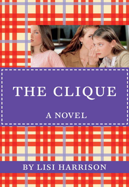 The Clique book cover: plaid background with group of girls gossiping at the top