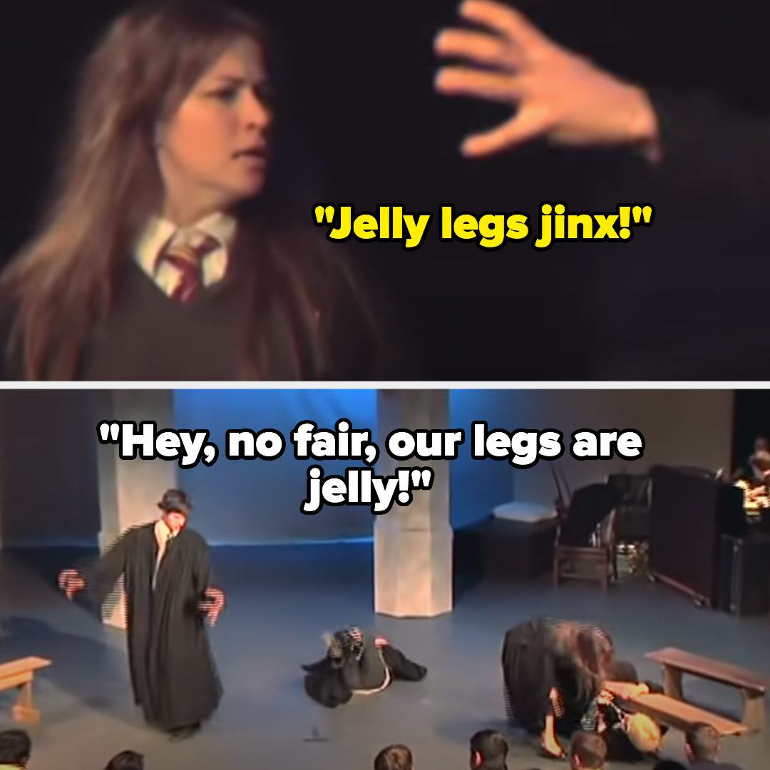 Hermione casts &quot;jelly legs jinx&quot; on Crabbe and Goyle and Goyle says &quot;hey no fair, our legs are jelly!&quot;