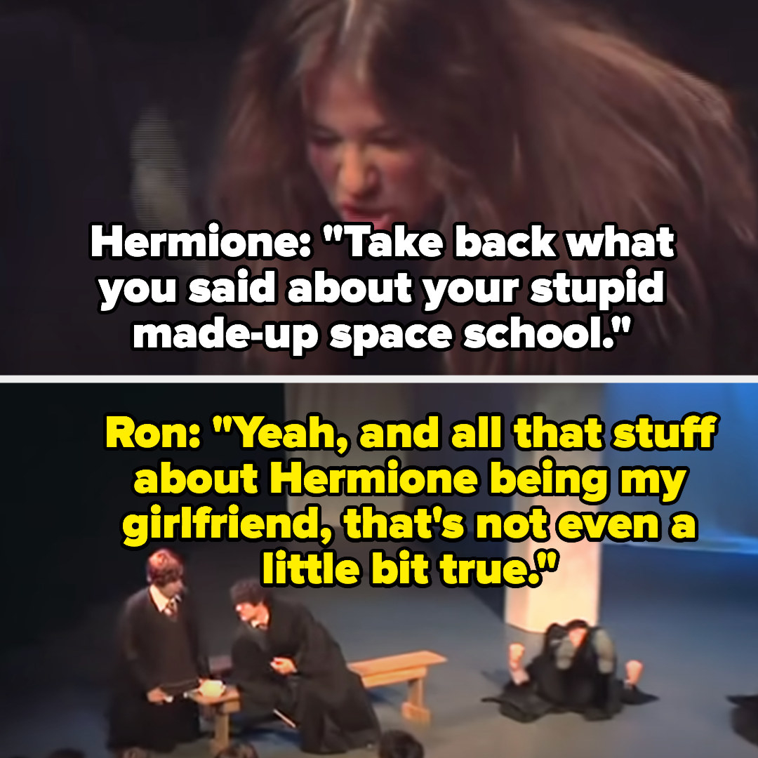 Hermione: &quot;take back what you said about your stupid made-up space school&quot; Ron: &quot;Yeah, and all that stuff about Hermione being my girlfriend, that&#x27;s not even a little bit true&quot;