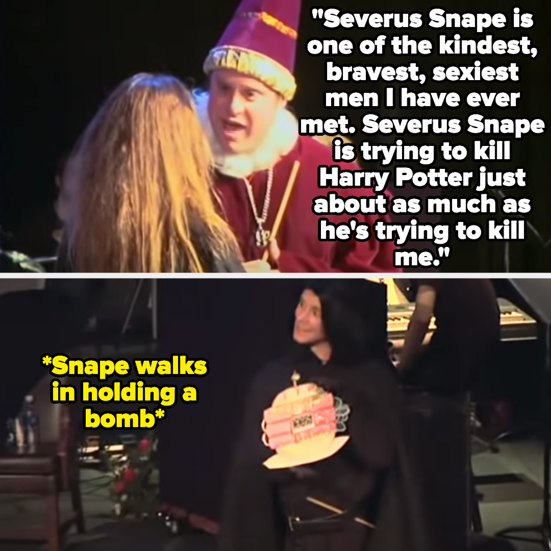 Dumbledore says Snape is kind, brave, and sexy, and is trying to kill Harry as much as he&#x27;s trying to kill him - Snape then walks in holding a bomb