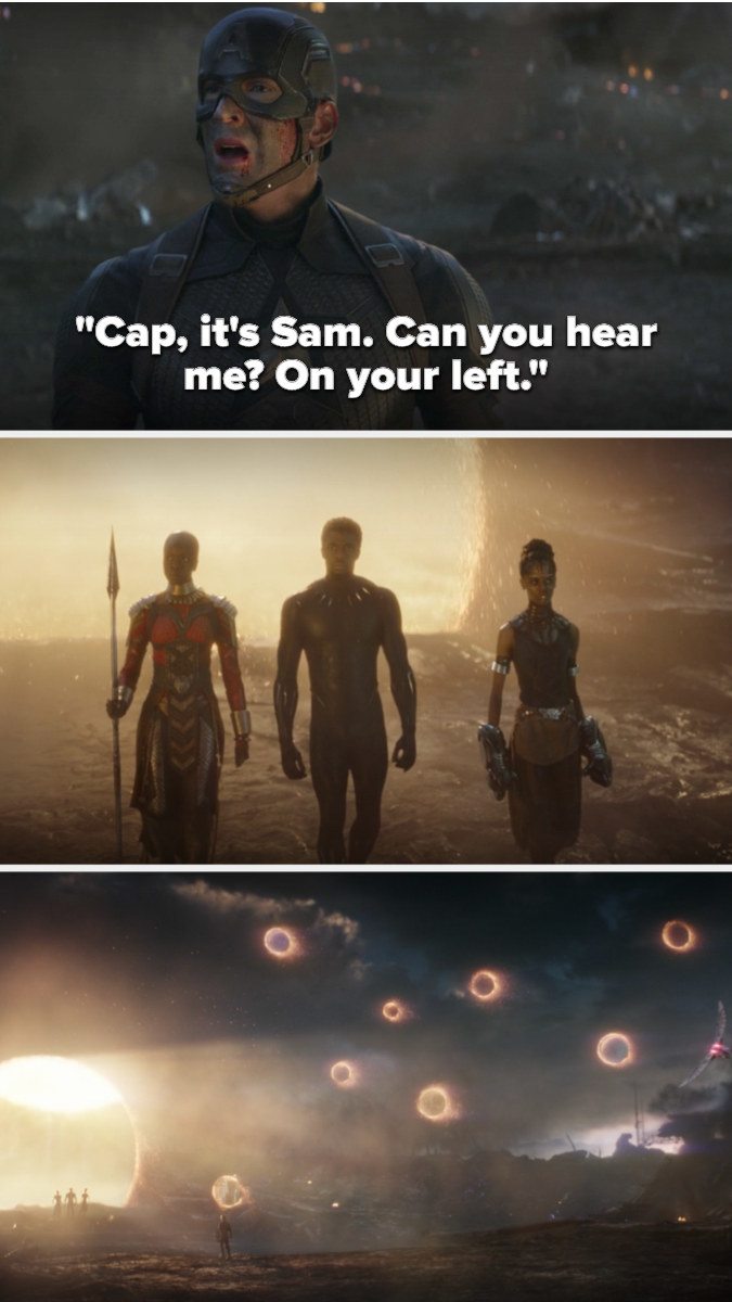 Cap hears Sam say &quot;on your left&quot; and the portals all open