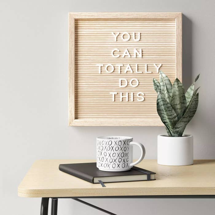 The light brown board says &quot;YOU CAN TOTALLY DO THIS&quot; and is hung above a small desk space with a &quot;XO&quot; mug, black journal and snake plant