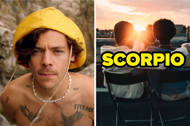 On the left, Harry Styles in the "Golden" music video, and on the right, a couple sitting in chairs and watching the sun set labeled "Scorpio"