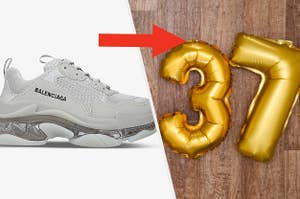 Balenciaga sneakers are on the left pointing at "37" balloon on the right