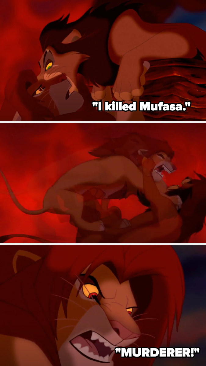 Simba&#x27;s hanging off a cliff and Scar whispers that he killed Mufasa - Simba pushes him down and shouts &quot;murderer!&quot;