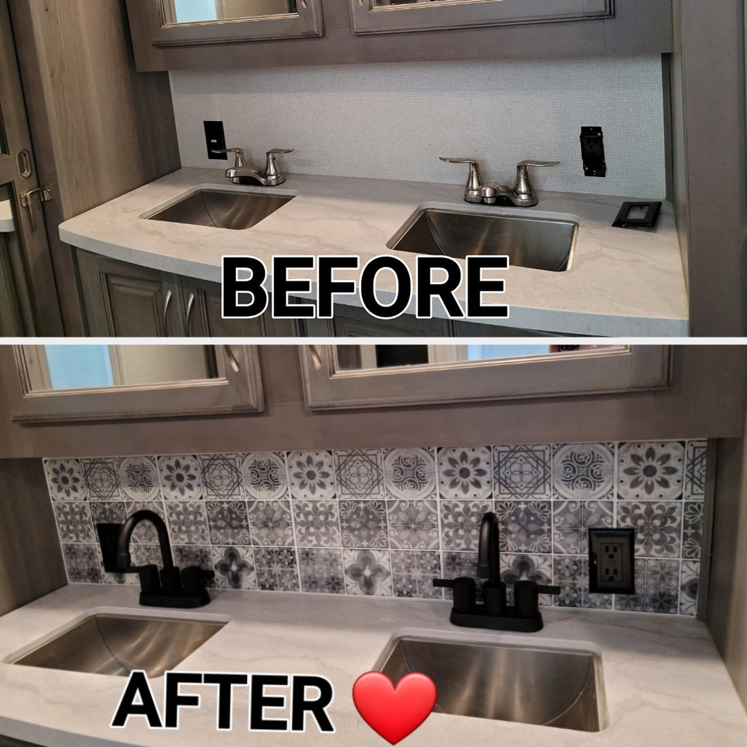 Before and after photo of the backsplash in a bathroom