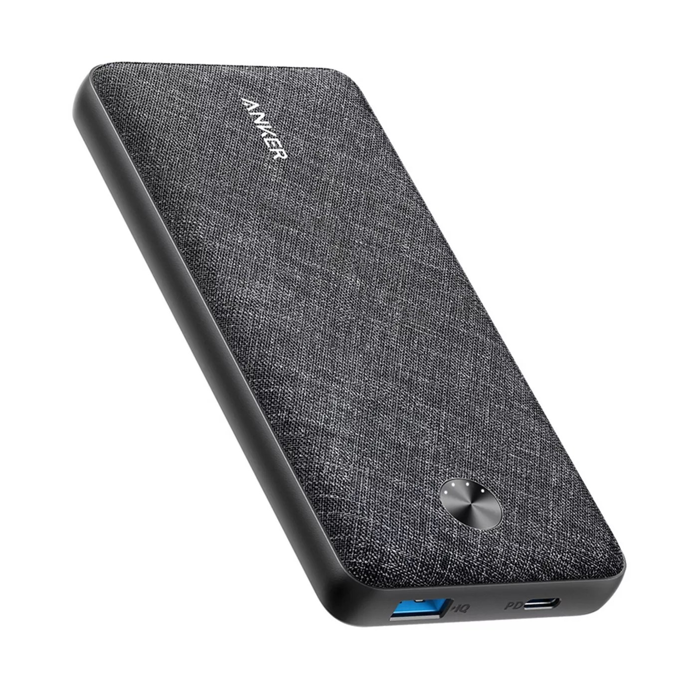 The grey power bank says Anker with a heathered fabric front