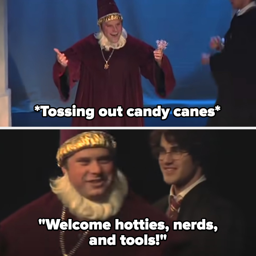 Dumbledore tosses out candy canes and says &quot;welcome hotties, nerds, and tools&quot;