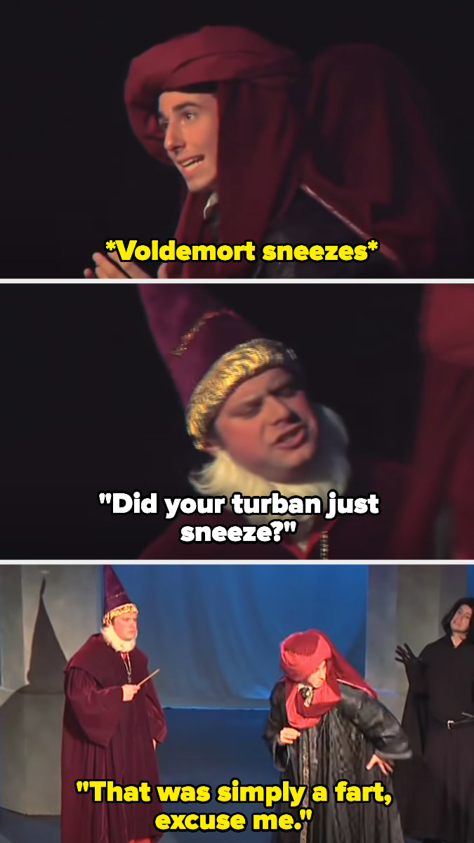 Voldemort sneezes, and Dumbledore asks Quirrell if his turban sneezed - he says it was a fart