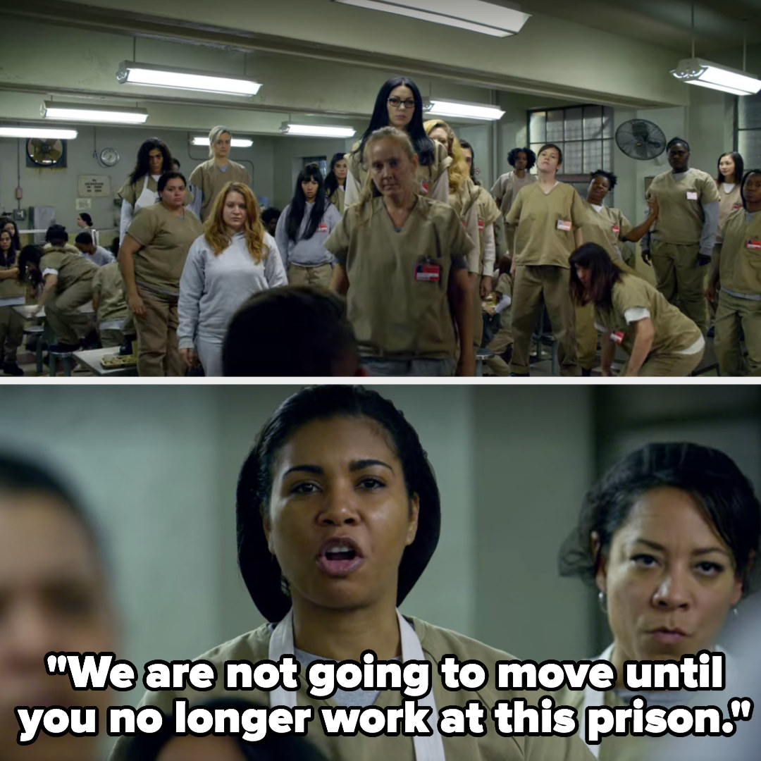 女人站在所有表和玛丽亚说“我们不会移动,直到你不再在这prison"工作;