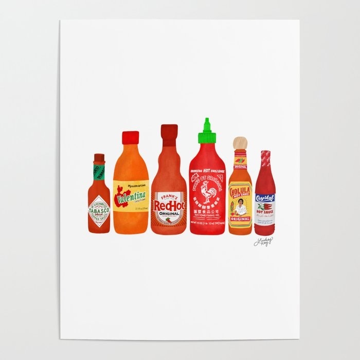 illustrated print of hot sauces